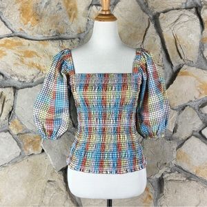 Ganni Puff Sleeve Smocked Top Pastel Rainbow Plaid | IT32, S